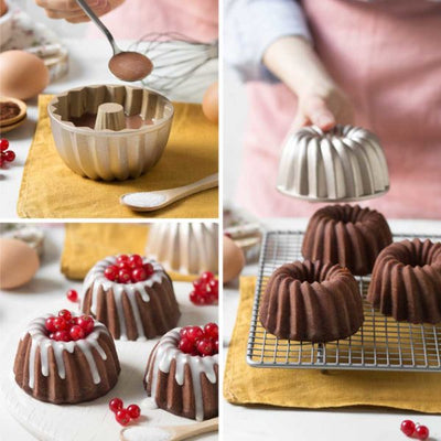 Mini sockerkaksform Carol 10 cm i champagnefärgad non-stick aluminium med bakexempel