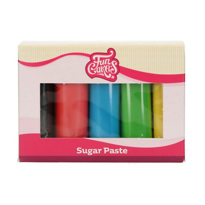 Sockerpasta set Essential 5x100 g från FunCakes – svart, röd, blå, grön och gul för tårtor och dekorationer